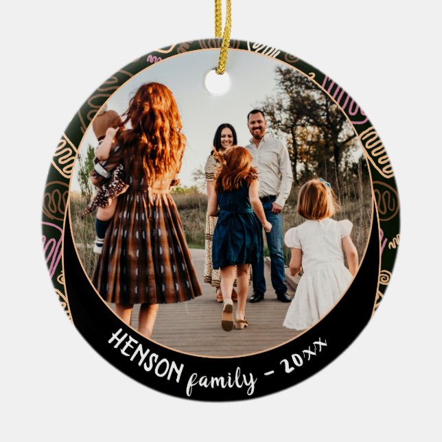 Festive Pink One line art Christmas Family Photo Ceramic Tree Decoration (Front)