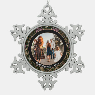 Festive Pink One line art Christmas Family Photo Snowflake Pewter Christmas Ornament