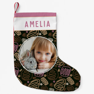 Festive Pink One line Shapes Pattern Photo Small Christmas Stocking