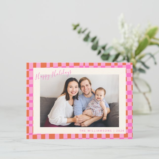 Festive Pink Orange Chequerboard Border 2 Photo  Holiday Card (Standing Front)