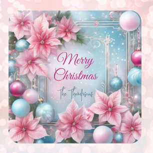 Festive Pink Poinsettias Custom Greeting & Name Square Sticker