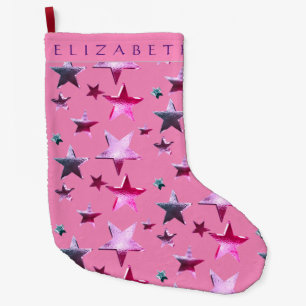 Festive Pink Purple Stars Pattern with Name Large Christmas Stocking