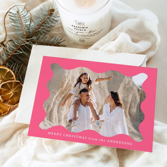 Festive Pink Retro Photo Frame Merry Christmas Holiday Card (Creator Uploaded)