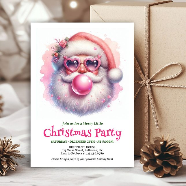 Festive pink santa chewing gum watercolor invite  (Festive pink santa chewing gum watercolor invite card)
