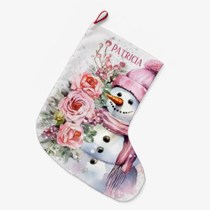 Festive pink snow woman add name large christmas stocking