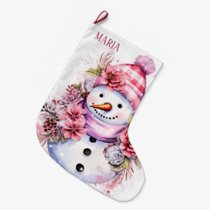 Festive pink snow woman add name  large christmas stocking