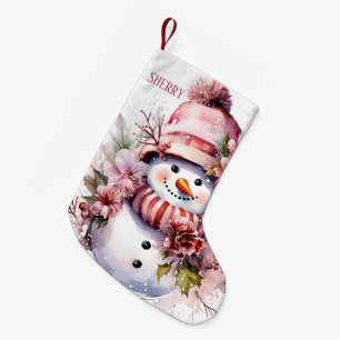 Festive pink snow woman add name small christmas stocking