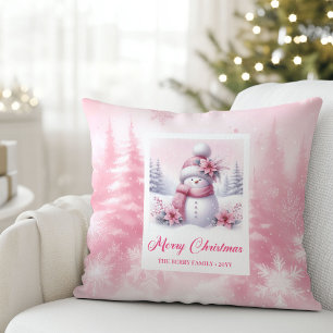 Festive Pink Snowman Winter Forest Kids Pillow