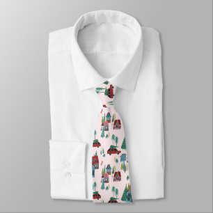 Festive Pink Village & Car Tree Retro Christmas  Tie