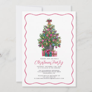 Festive Pink Whimsical Christmas Tree Party Pink Invitation