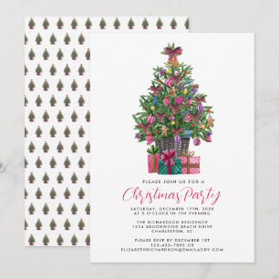 Festive Pink Whimsical Christmas Tree Party Pink Invitation