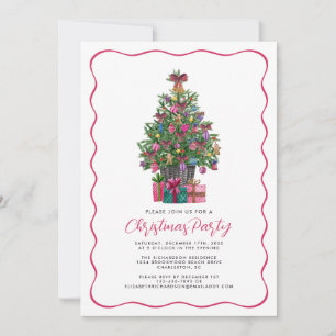 Festive Pink Whimsical Christmas Tree Party Pink Invitation