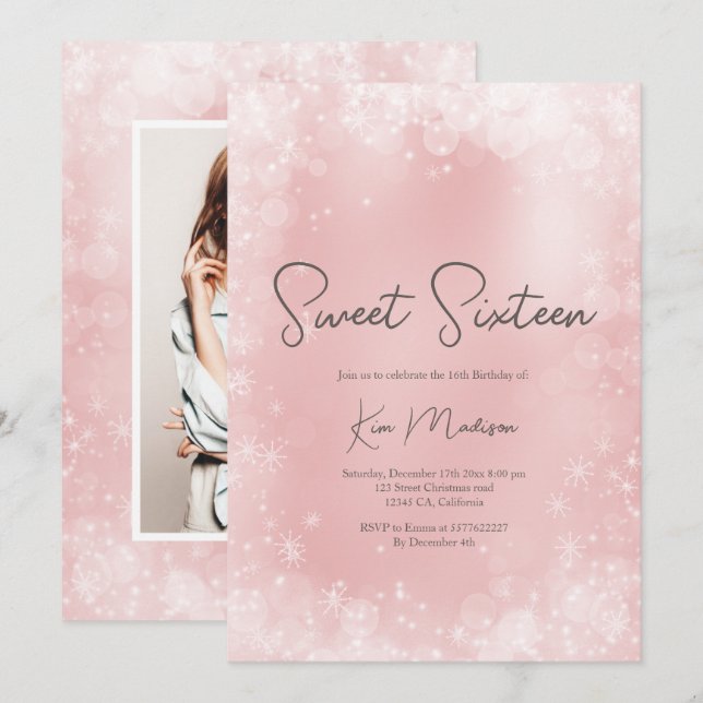 Festive pink white snow elegant chic sweet 16 invitation (Front/Back)