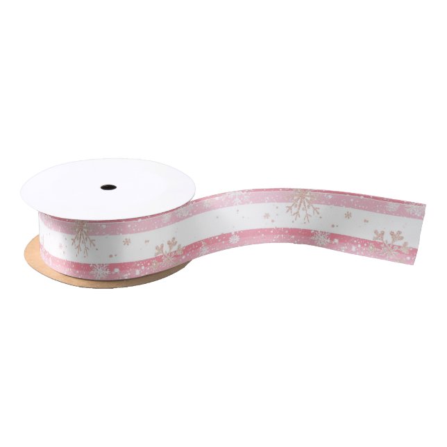 Festive Pink & White Stripes Golden Snowflakes Satin Ribbon (Spool)