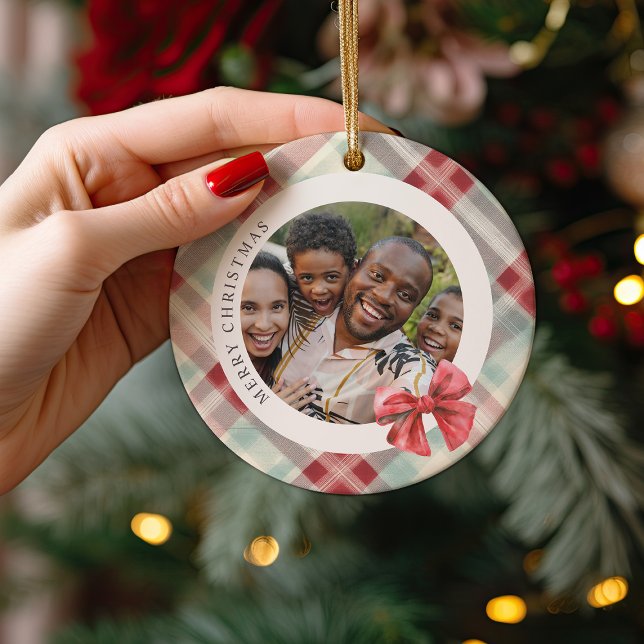 Festive Plaid 2 Photo Christmas Holiday Ceramic Tree Decoration (Creator Uploaded)