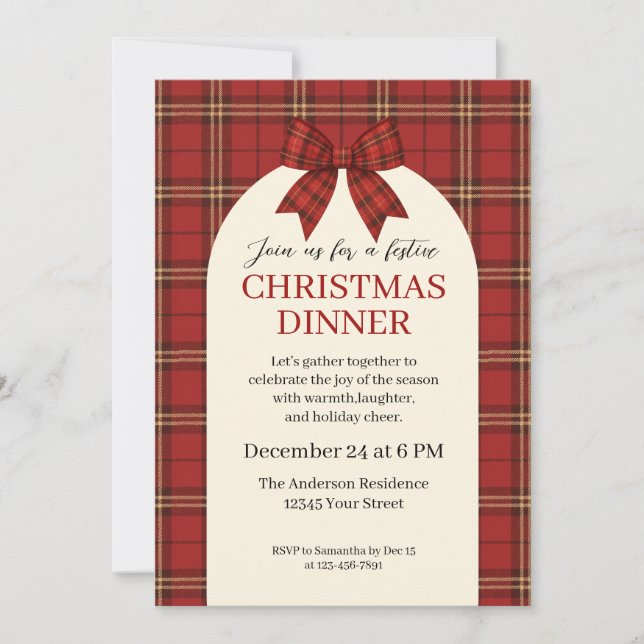 Festive Plaid and Bow Christmas Eve -  Invitation (Front)