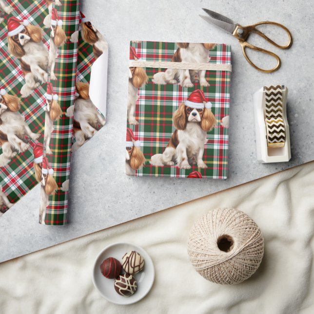 Festive Plaid Cavalier Spaniel Santa Dog Christmas Wrapping Paper (Crafts)