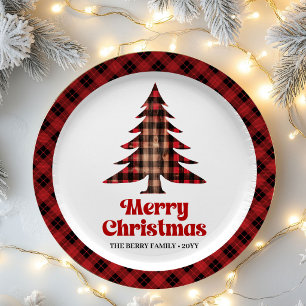 Festive Plaid Christmas Tree Custom Name Paper  Plate