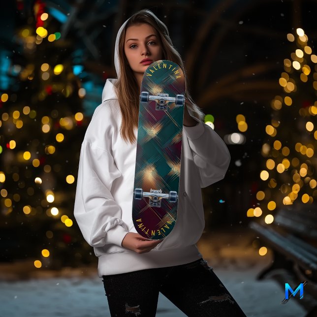 Festive Plaid Design with Golden Highlights Skateboard (Creator Uploaded)