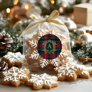 Festive Plaid Gold Monogram Crest Initial Classic Round Sticker