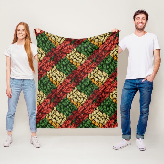 Festive Plaid Knit Pattern in Red, Green, Gold Fleece Blanket (In Situ)