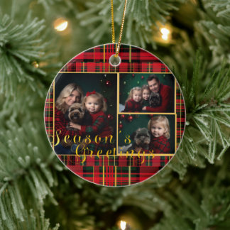 Festive Plaid Personalised Red and Green Photo Ceramic Tree Decoration