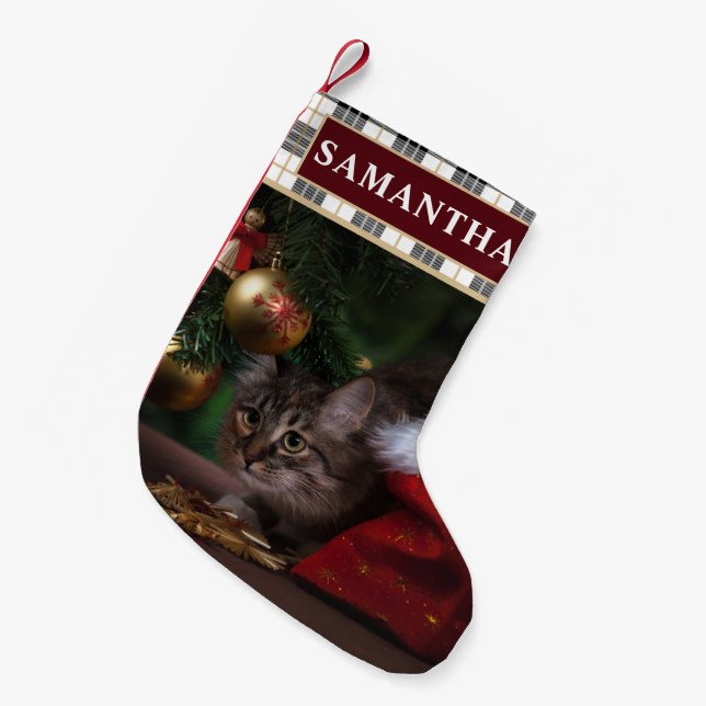 Festive Plaid Pet Cat Photo Christmas Stocking (Front (Hanging))