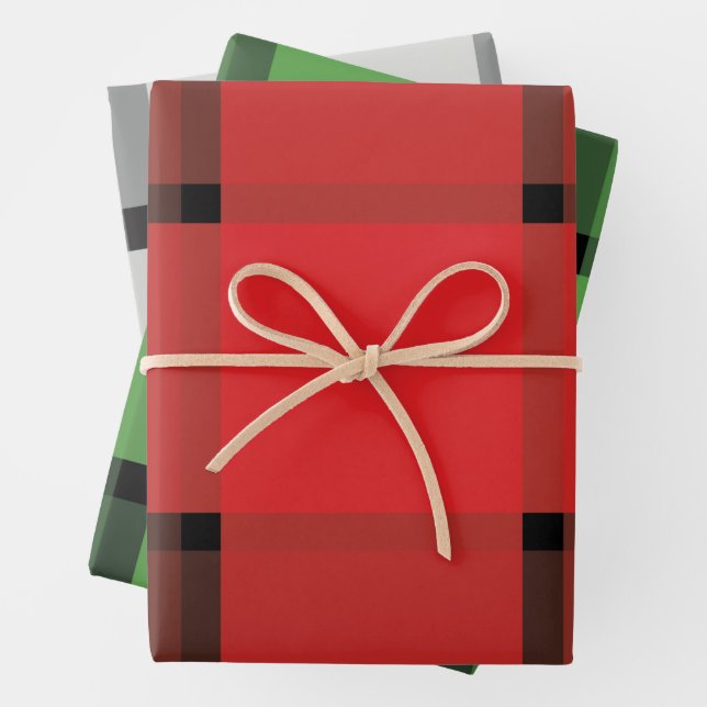 Festive Plaid Red Green Grey Christmas Gift Wrapping Paper Sheet (In situ)