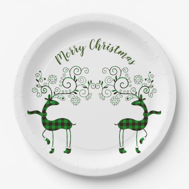 Festive Plaid Reindeer Paper Plate (Front)