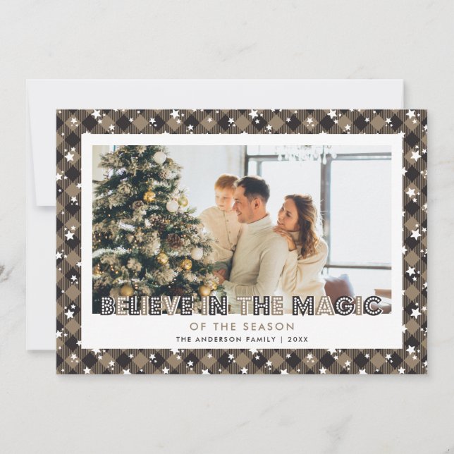 Festive Plaid Stars Believe Photo Christmas Card (Front)