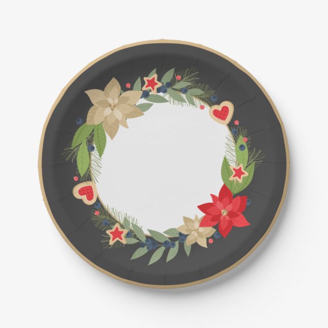 Festive Poinsettia and Cookies Christmas Plate (Front)