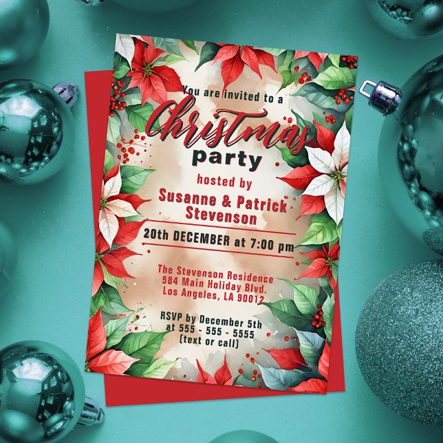 Festive Poinsettia and Holly Berries Christmas  Invitation (Creator Uploaded)