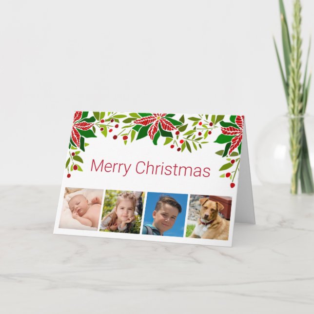 Festive Poinsettia and Holly Four Photo Holiday Card (Front)