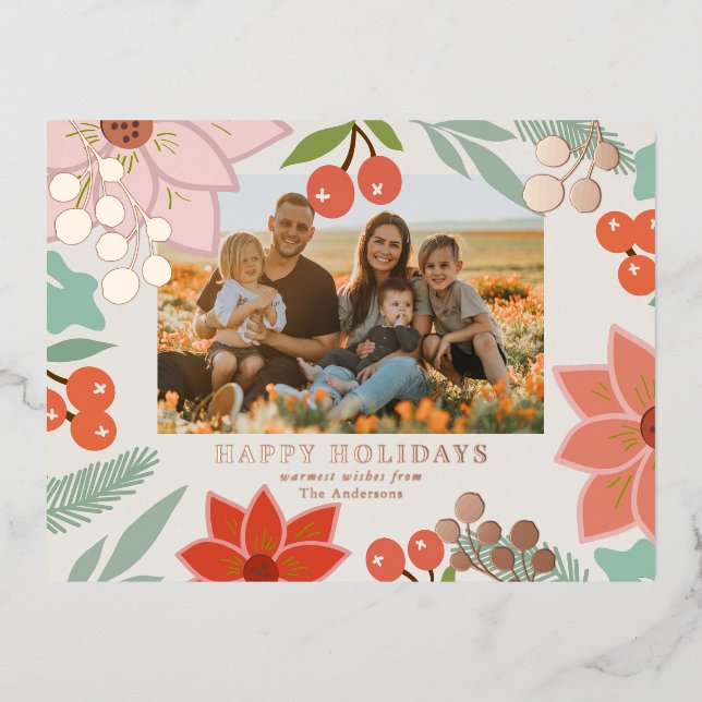 Festive Poinsettia Berry Cream Foil Photo Holiday (Front)