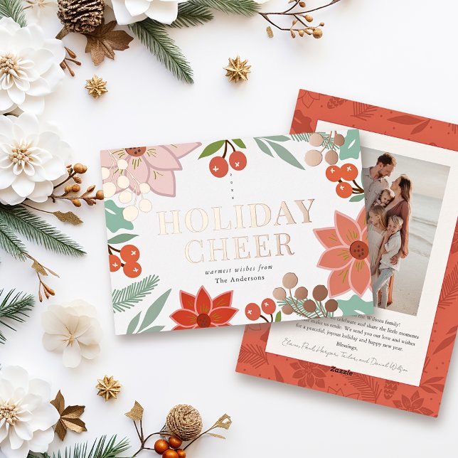 Festive Poinsettia Berry Cream Photo Christmas Foil Holiday Card (Creator Uploaded)