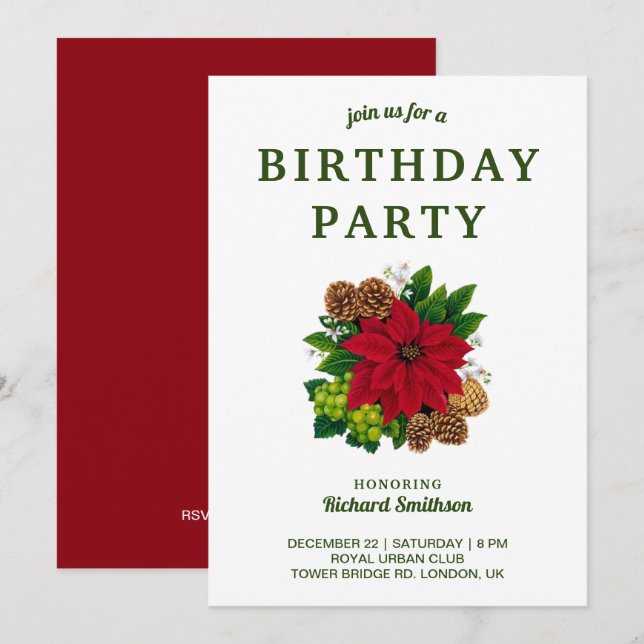 Festive Poinsettia Christmas Birthday Party Invitation (Front/Back)