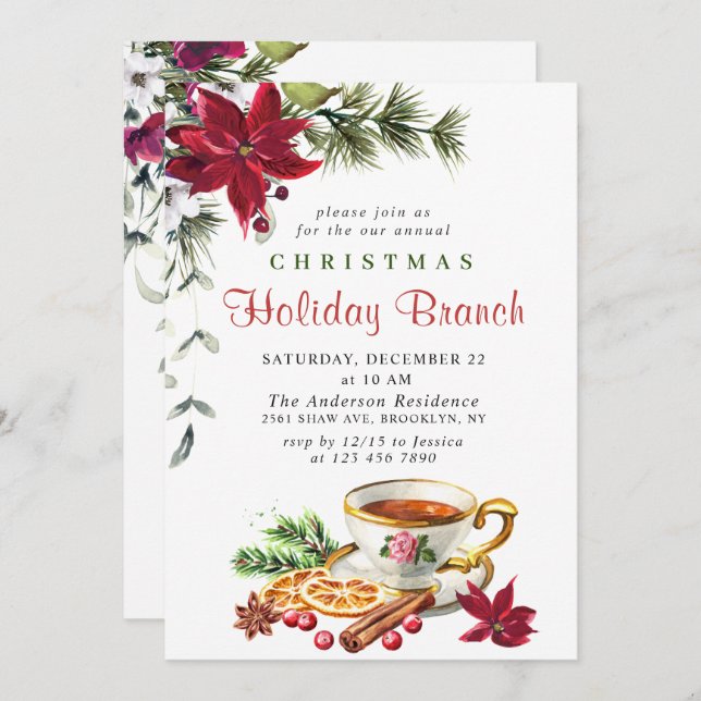 Festive Poinsettia Christmas Holiday Branch Invitation (Front/Back)