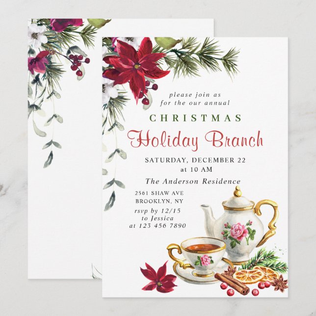 Festive Poinsettia Christmas Holiday Branch Invitation (Front/Back)