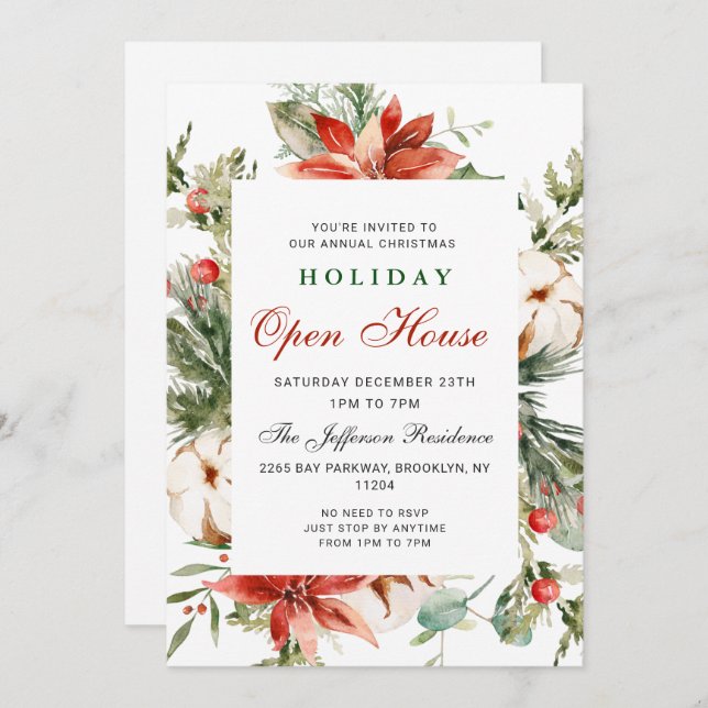 Festive Poinsettia Christmas Holiday Open House Invitation (Front/Back)