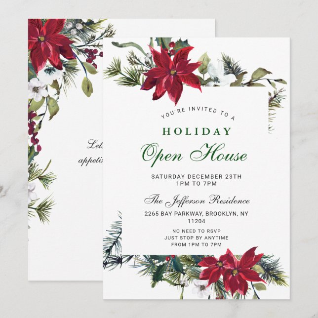 Festive Poinsettia Christmas Holiday Open House Invitation (Front/Back)