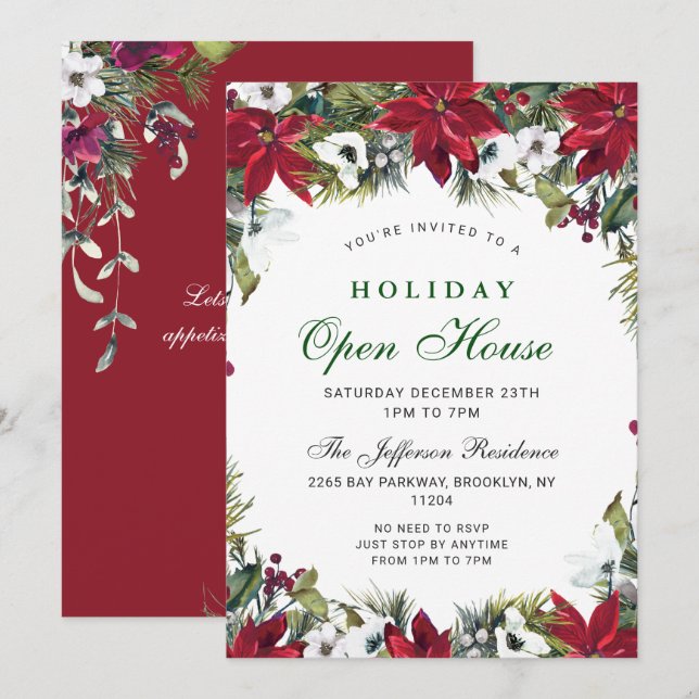 Festive Poinsettia Christmas Holiday Open House Invitation (Front/Back)