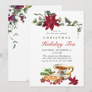 Festive Poinsettia Christmas Holiday Tea Party Inv Invitation