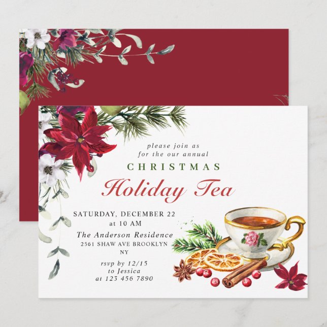 Festive Poinsettia Christmas Holiday Tea Party Invitation (Front/Back)