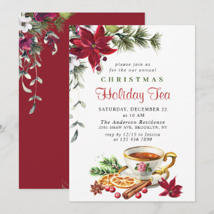 Festive Poinsettia Christmas Holiday Tea Party Invitation