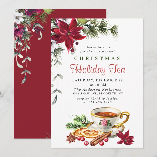 Festive Poinsettia Christmas Holiday Tea Party Invitation (Front/Back)