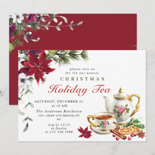 Festive Poinsettia Christmas Holiday Tea Party Invitation