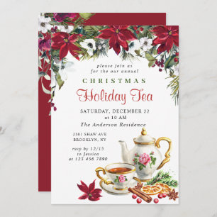 Festive Poinsettia Christmas Holiday Tea Party Invitation