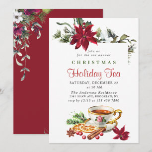 Festive Poinsettia Christmas Holiday Tea Party Invitation