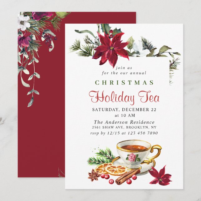 Festive Poinsettia Christmas Holiday Tea Party Invitation (Front/Back)