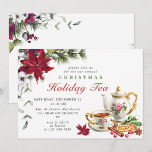 Festive Poinsettia Christmas Holiday Tea Party Invitation